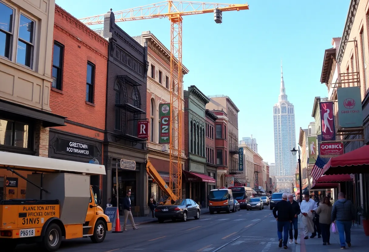 Greektown street undergoing renovation with construction workers and pedestrians.