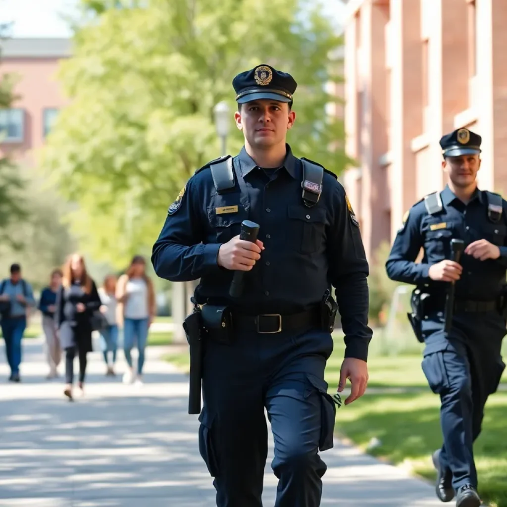 Students on Grand Valley State University campus with safety officers