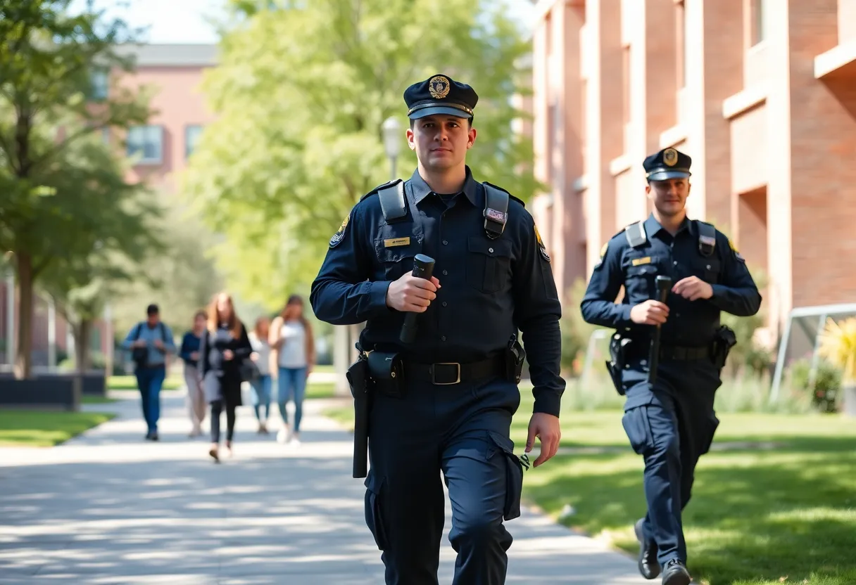 Students on Grand Valley State University campus with safety officers