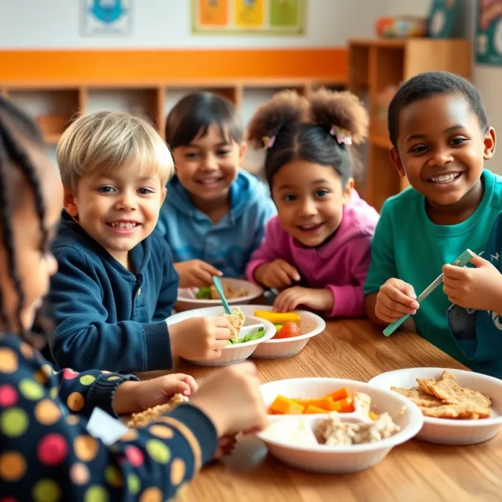 Children having nutritious meals in a school cafeteria.
