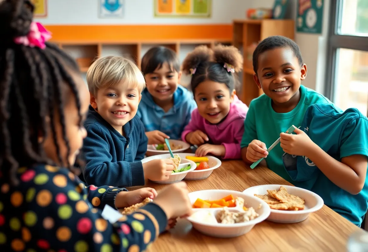 Children having nutritious meals in a school cafeteria.