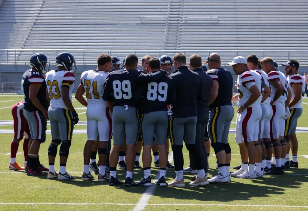 Football players showing support on the field after an injury incident.
