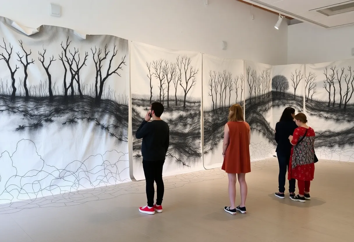 LA Rising installation featuring charcoal panels at ArtPrize 2025