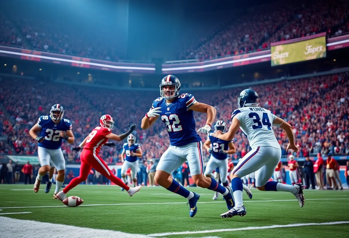 Exciting moment in a football game with players in action and fans cheering