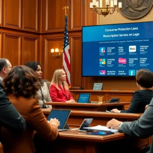 A group of lawmakers discussing consumer protection legislation in a modern legislative office.