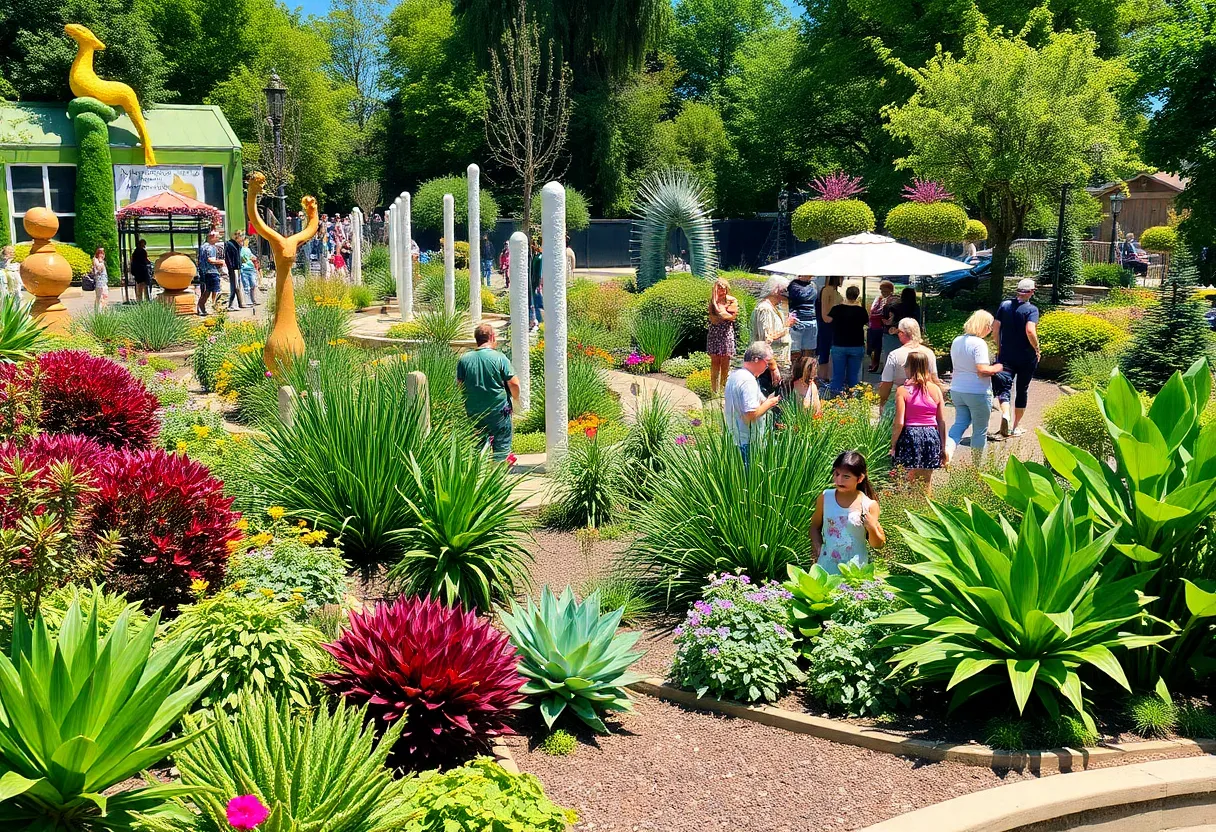 Visitors enjoying Frederik Meijer Gardens during the 30th anniversary celebrations with art installations.