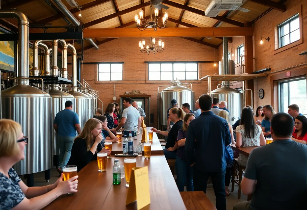 Lively taproom scene at Mitten Brewing Company with patrons enjoying beer.