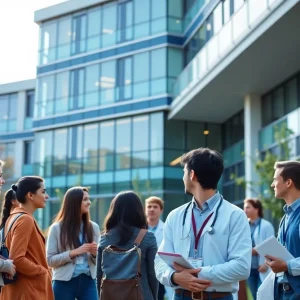 Students at MSU College of Human Medicine collaborating outside a modern medical building.