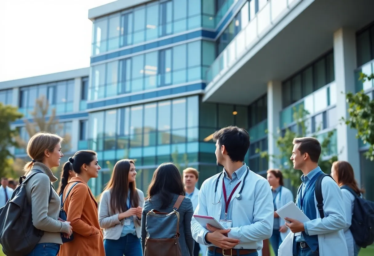 Students at MSU College of Human Medicine collaborating outside a modern medical building.