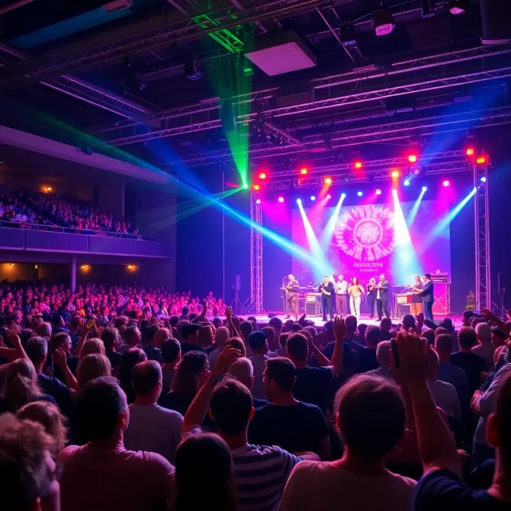 Audience at a comedy show in Grand Rapids celebrating the performance