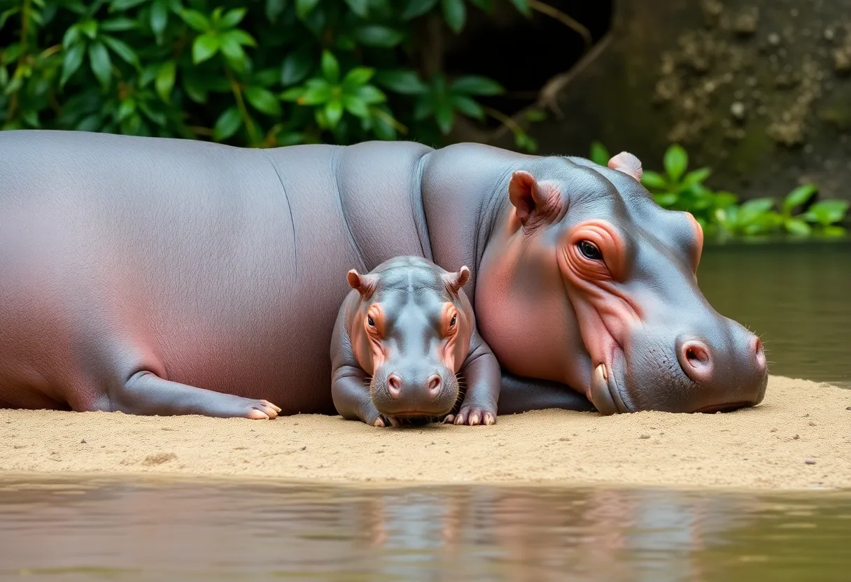 A mother pygmy hippo with her newborn calf in a zoo habitat.
