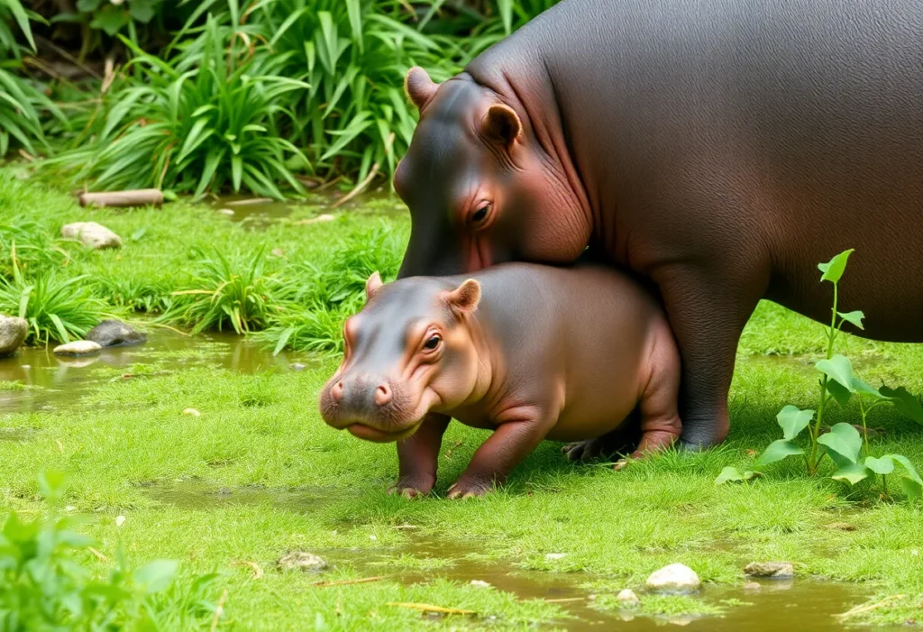 A newborn pygmy hippo calf playing with its mother at the zoo.