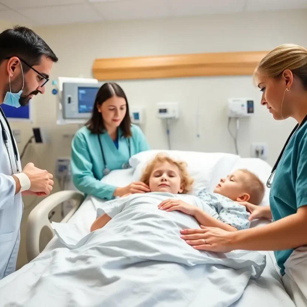 Healthcare professionals caring for children in a pediatric oncology unit