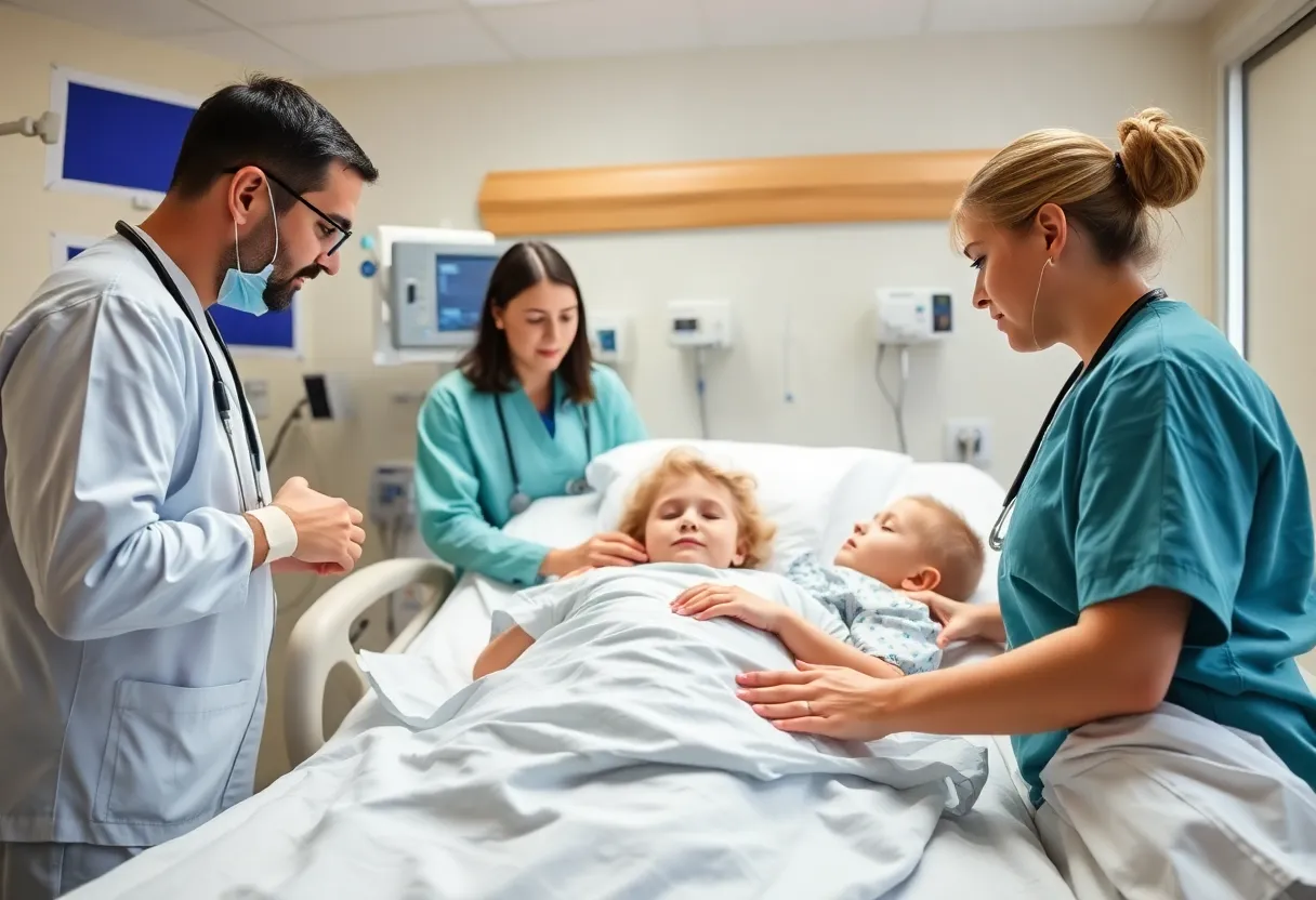 Healthcare professionals caring for children in a pediatric oncology unit