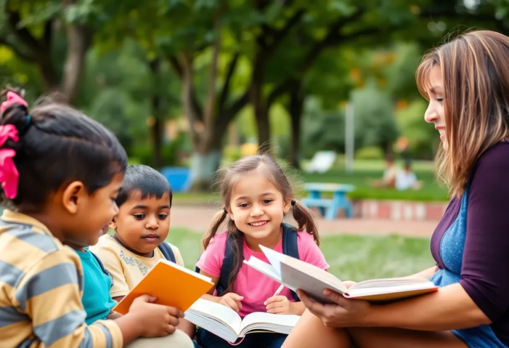 Community volunteer reading to children in a park