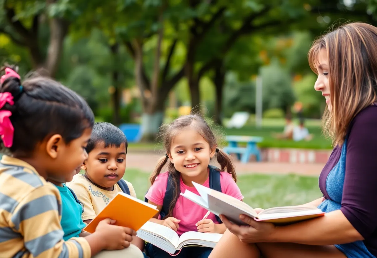 Community volunteer reading to children in a park