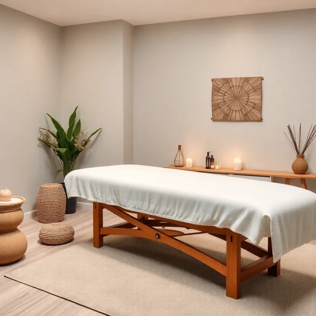 A calming massage therapy room with soft lighting.