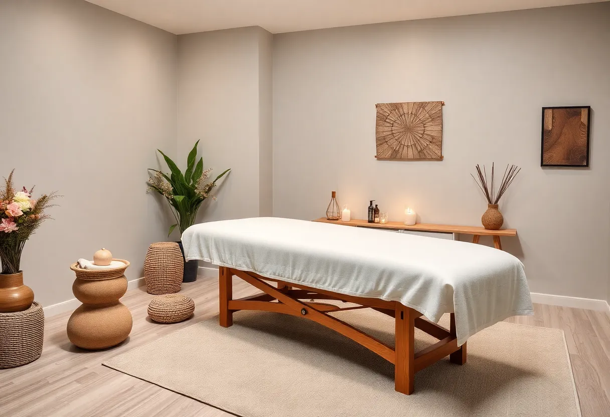 A calming massage therapy room with soft lighting.