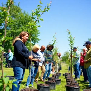 Residents picking up free tree saplings at a community giveaway event in Kent County