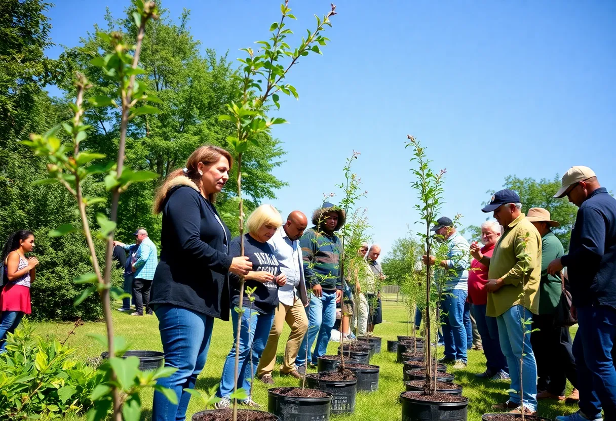 Residents picking up free tree saplings at a community giveaway event in Kent County