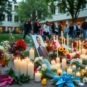 Memorial candles and flowers at a university event
