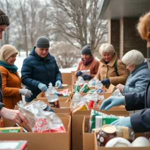 Volunteers packing emergency meals for seniors during winter