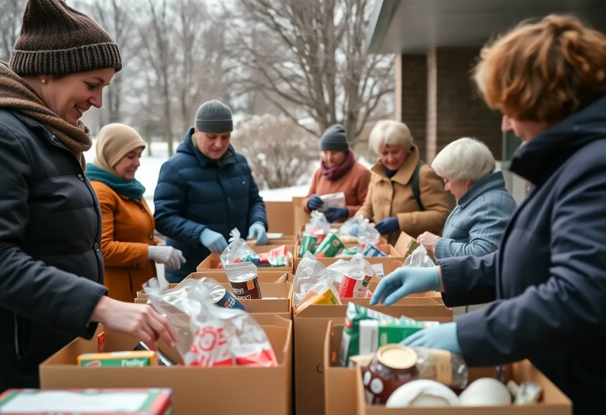 Volunteers packing emergency meals for seniors during winter