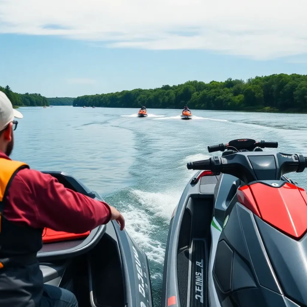 Jet skis on a river with focus on safety gear