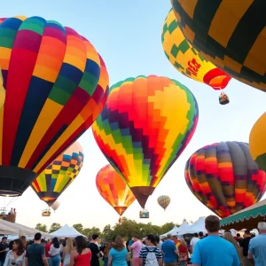 Hot air balloons in the sky at Wayland Balloon Festival with festival activities below.