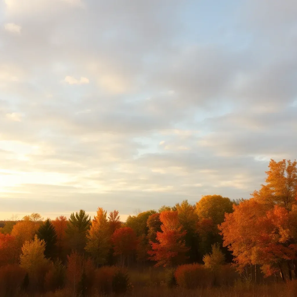 A picturesque view of West Michigan showcasing changing weather conditions with trees displaying autumn colors.