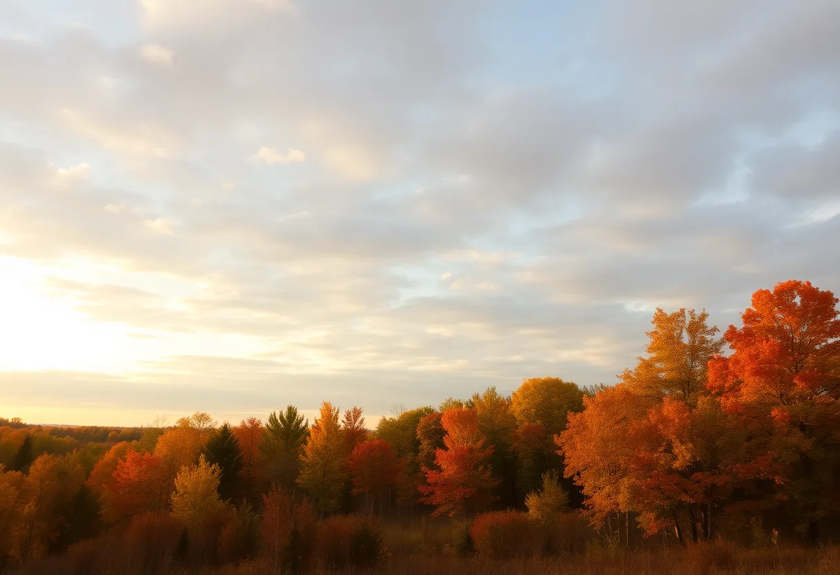 A picturesque view of West Michigan showcasing changing weather conditions with trees displaying autumn colors.