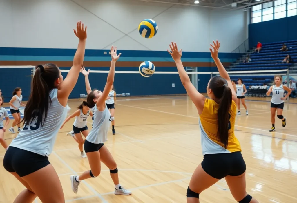 Wheeling University Volleyball team during a match