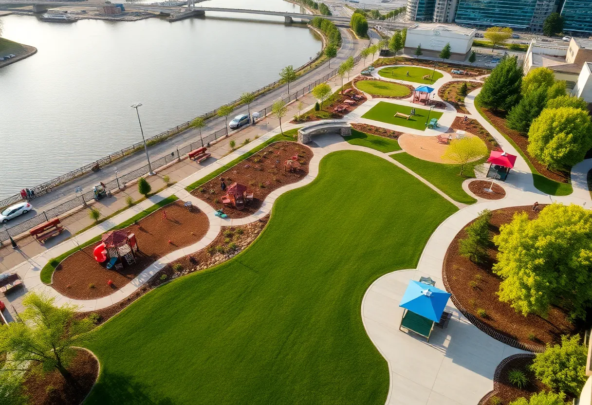 Renovated A.B. Ford Park with playgrounds and riverwalk