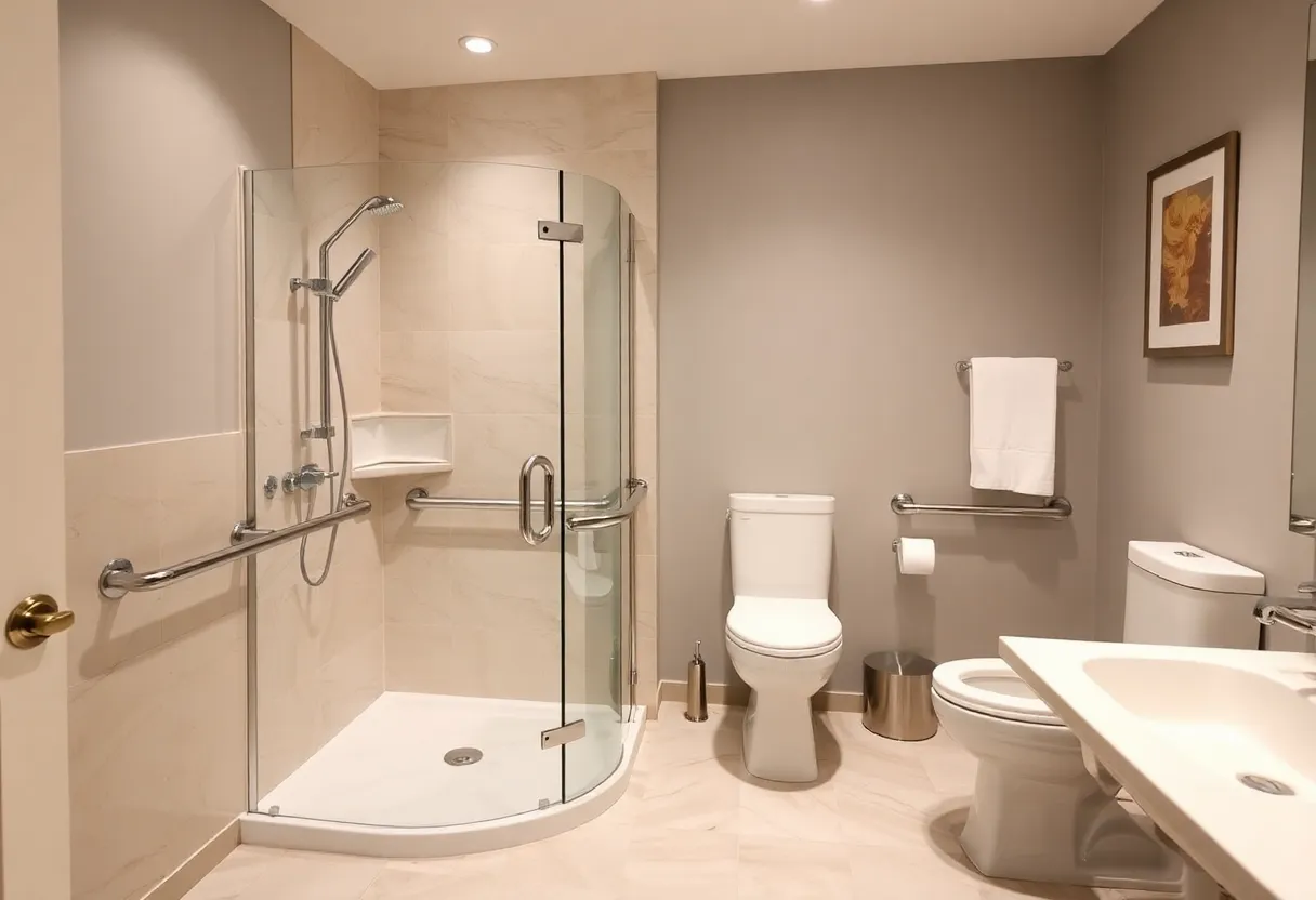 Accessible bathroom with walk-in shower and non-slip flooring