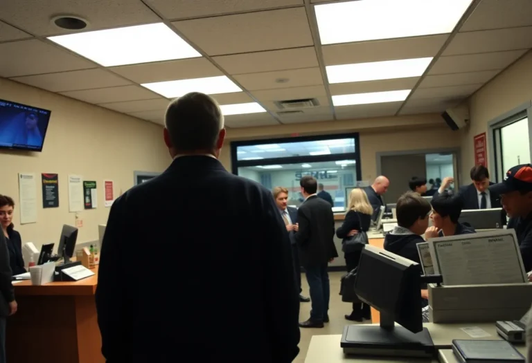 Interior view of a bank focused on the teller area