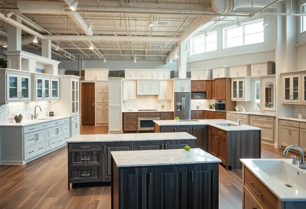 Modern kitchen showroom featuring cabinetry and design consultation
