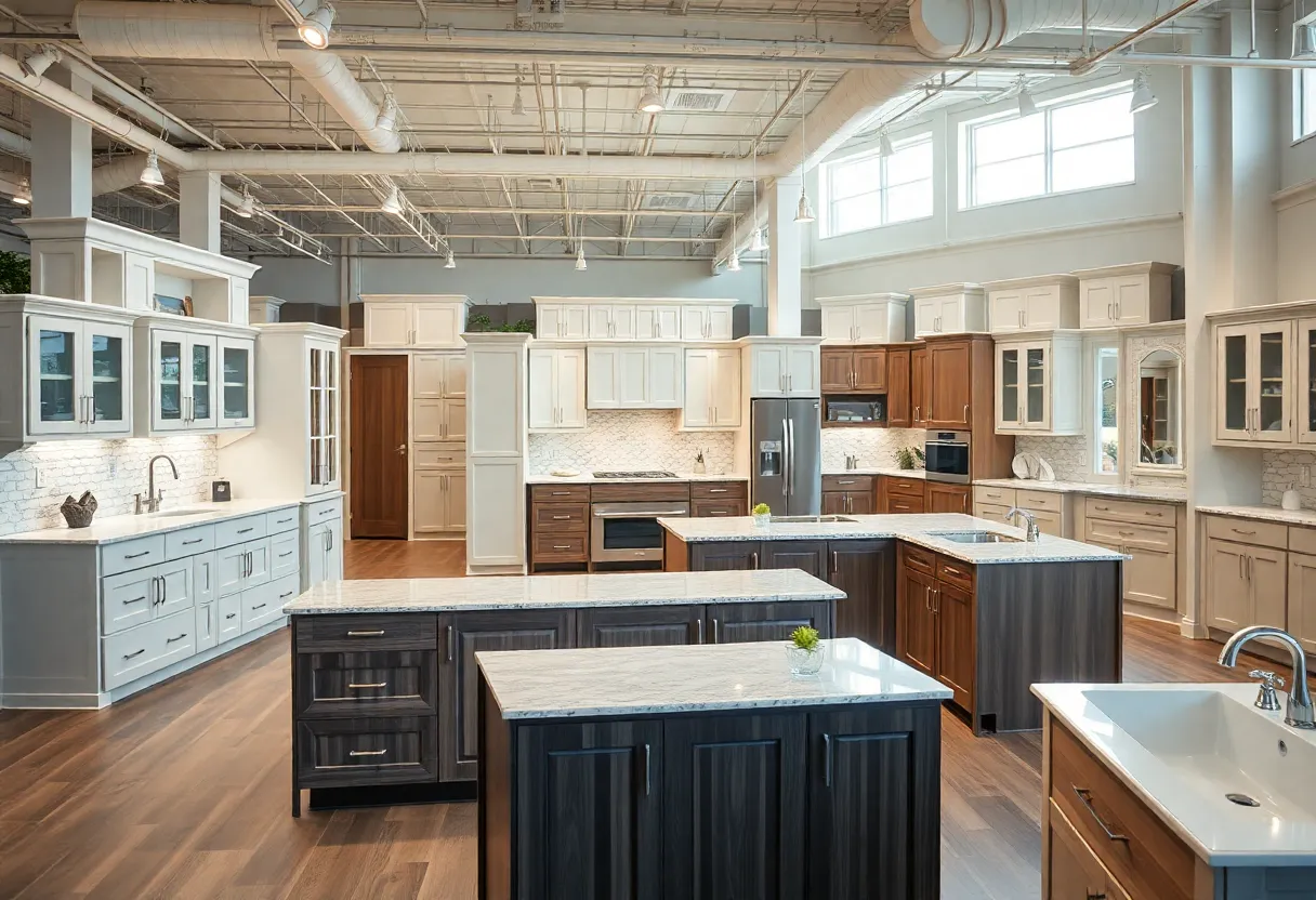 Modern kitchen showroom featuring cabinetry and design consultation