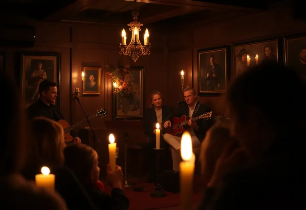 Musicians performing at a candlelit concert in The Lit