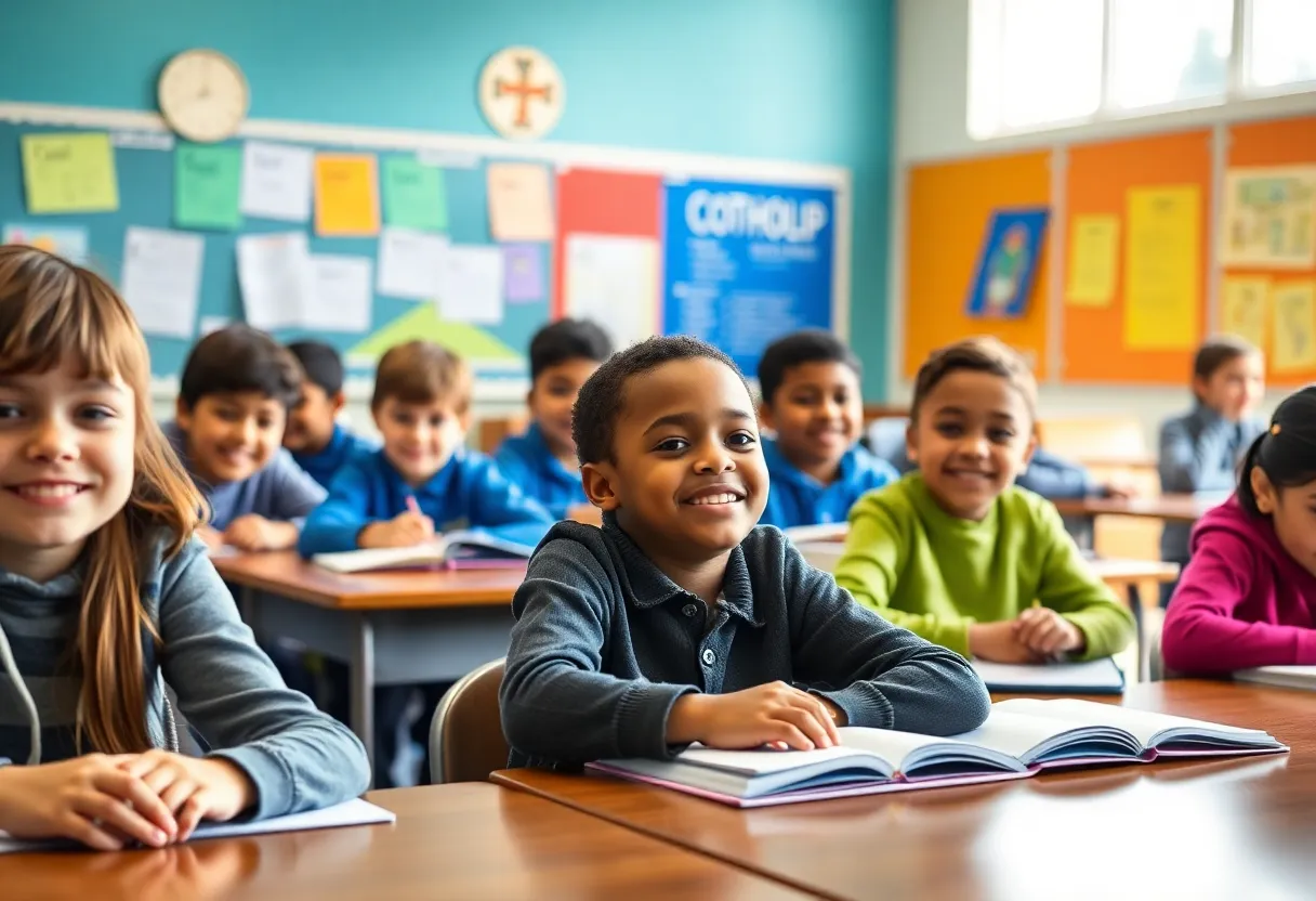 Students engaged in a Catholic classroom setting.