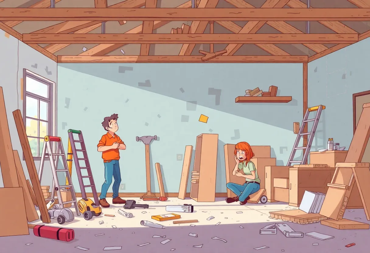 Difficult home renovation with construction tools and unfinished walls