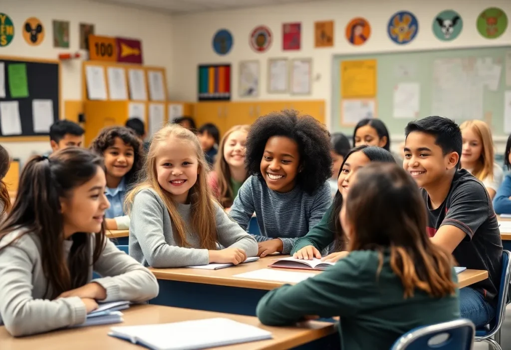 Diverse students in a classroom engaged in learning activities.