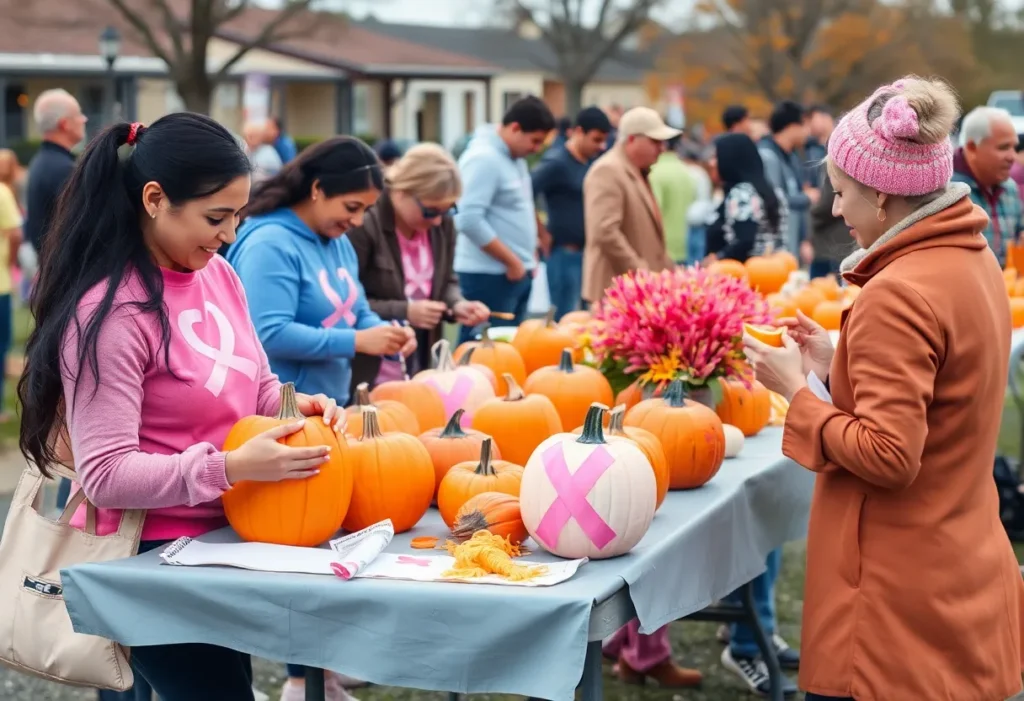 Volunteers painting pumpkins at a breast cancer support event