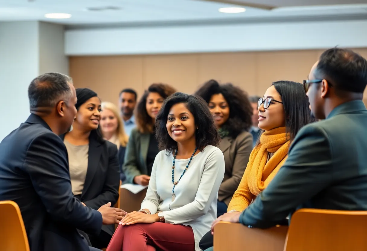 Community leaders engaging in discussions about AI ethics at a summit.