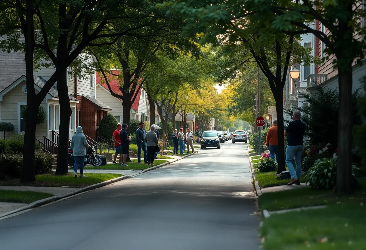 A serene street in a neighborhood symbolizing community resilience and remembrance.