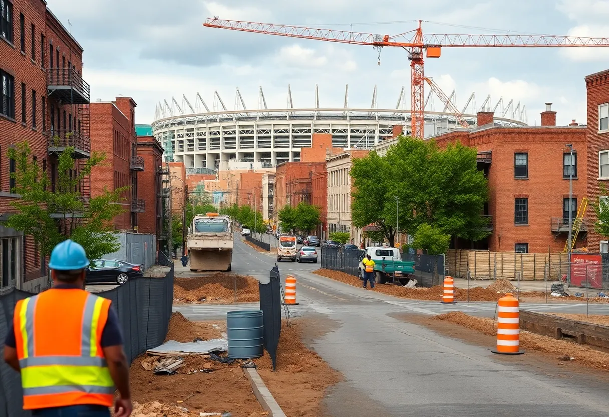 Residents discussing home renovations in Corktown with a stadium in view