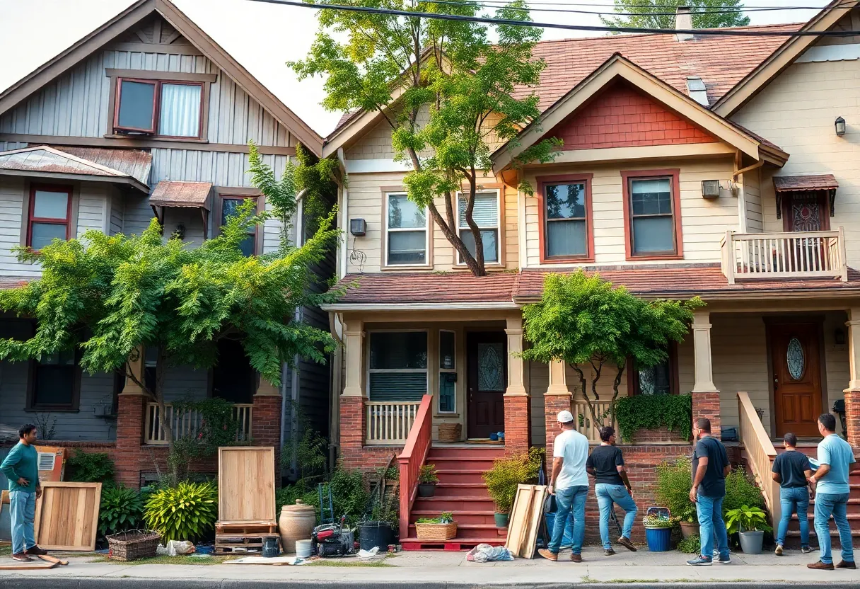 Construction workers renovating homes in a Detroit neighborhood
