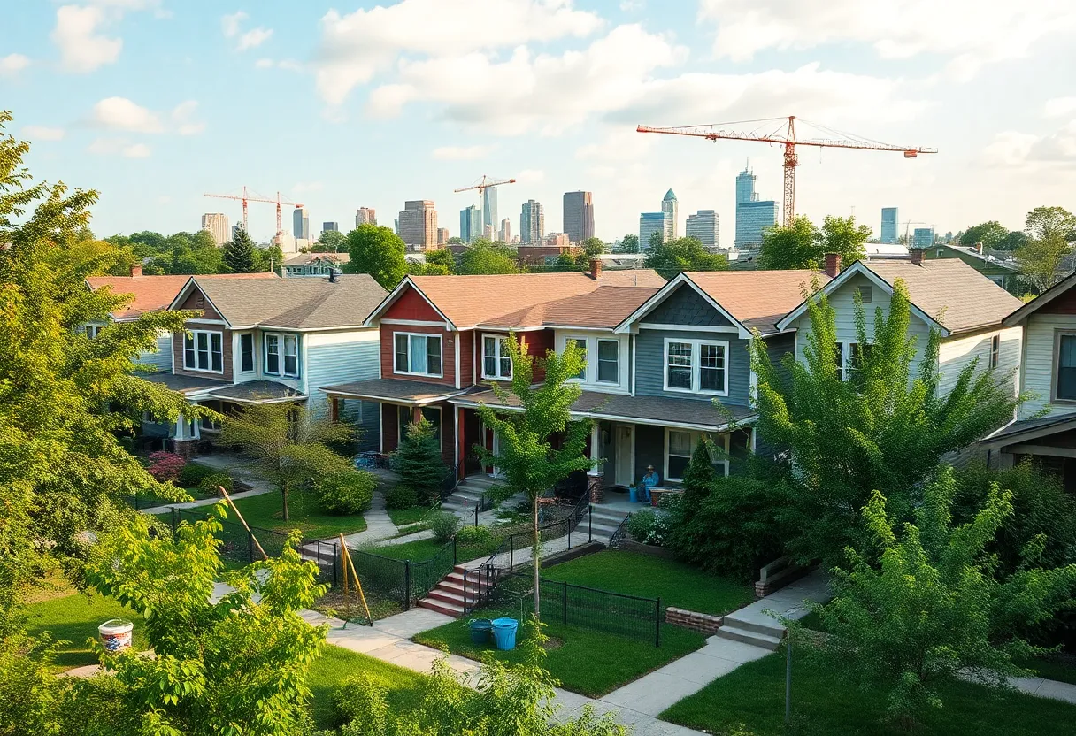 Urban setting featuring housing renovation and community improvement efforts in Detroit.