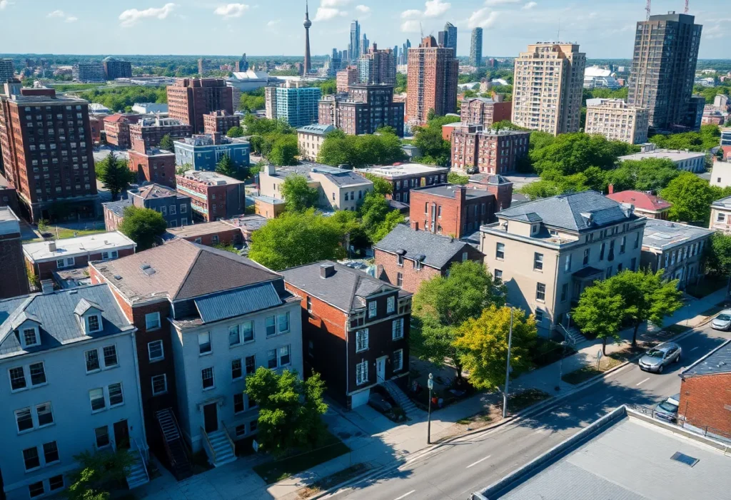 A view of diverse housing in Detroit, emphasizing restoration and affordability.
