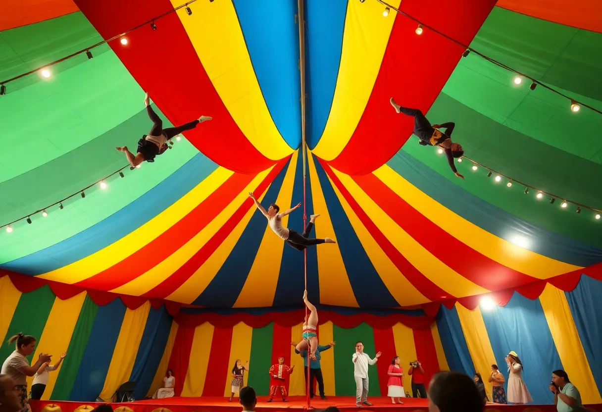 A vibrant performance at the Do Portugal Circus with acrobats and clowns.