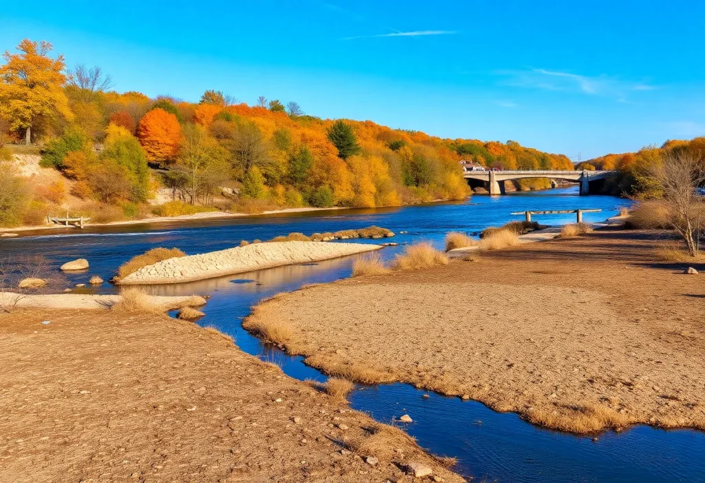 Dry banks of the Grand River in Grand Rapids during the fall season